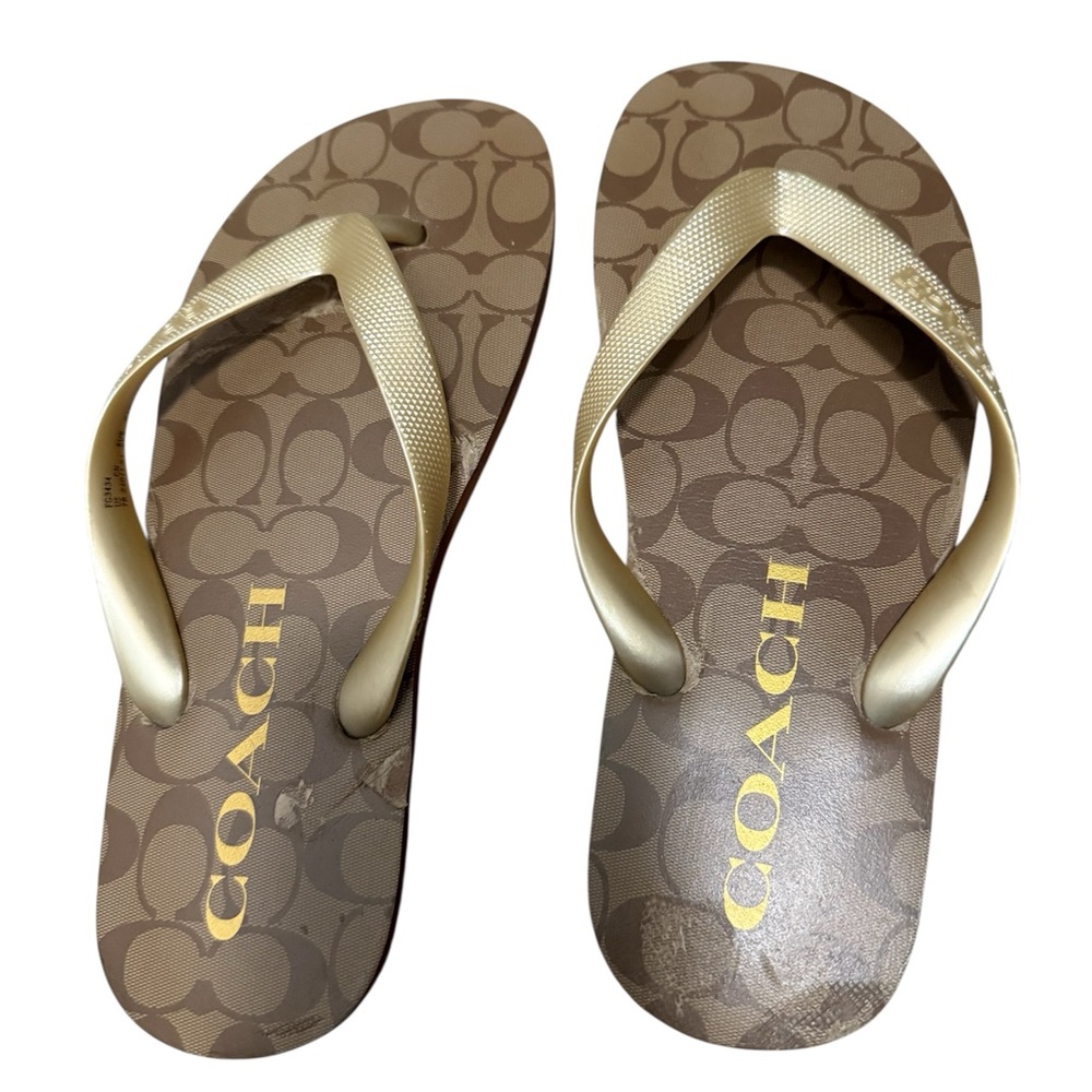 Coach Gold and Brown Monogram Sandals